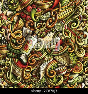 Cartone animato cibo messicano doodles modello senza soluzione di continuità Illustrazione Vettoriale