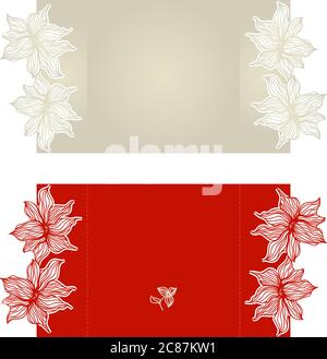 Scheda di invito per la disposizione con motivi floreali in rosso e grigio per matrimoni e altre celebrazioni. Adatto per il taglio laser. Lato anteriore e posteriore Illustrazione Vettoriale