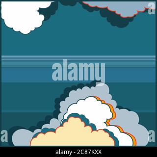 Nuvole cielo notte vettore sfondo. Illustrazione vettoriale disegnata con la mano del cielo. Nuvole di cartoni animati e nebbia per logo, poster cartolina Illustrazione Vettoriale