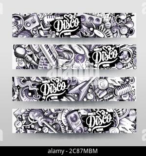 Cartoon grafica vettoriale Doodles disegnati a mano disco Music banner orizzontali Illustrazione Vettoriale