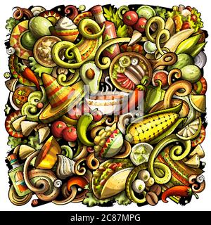 Cibo messicano disegnata a mano vettore doodles illustrazione. Poster di design della cucina. Illustrazione Vettoriale