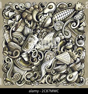 Cibo messicano disegnata a mano vettore doodles illustrazione. Poster di design della cucina. Illustrazione Vettoriale