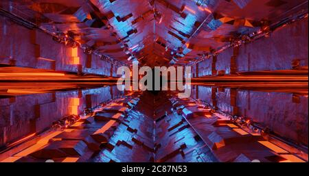 tunnel al neon sci-fi con rendering 3d con effetto luce rossa e blu. Foto Stock