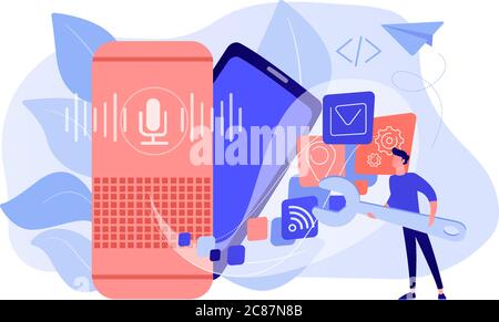 Illustrazione vettoriale del concetto di sviluppo delle app Smart Speaker. Illustrazione Vettoriale