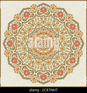 Modello con Mandala floreale disegnata a mano. Ornamento floreale rotondo colorato tradizionale motivo orientale, illustrazione vettoriale Illustrazione Vettoriale