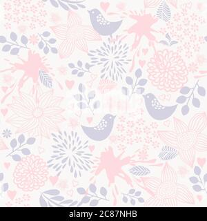 motivo floreale vettoriale senza giunture con fiori e uccelli Illustrazione Vettoriale