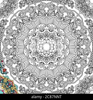 Floreale a mano disegnata Mandala. Pagina del libro da colorare. Schema di terapia anti-stress. Vettore astratto ornamento floreale rotondo in bianco e nero Illustrazione Vettoriale