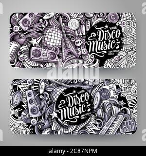 Cartoon grafica vettoriale Doodles disegnati a mano disco Music banner orizzontali Illustrazione Vettoriale