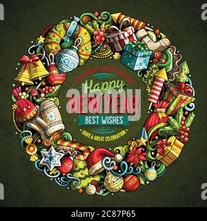 Cartoon vettoriale doodles New Year round frame design Illustrazione Vettoriale