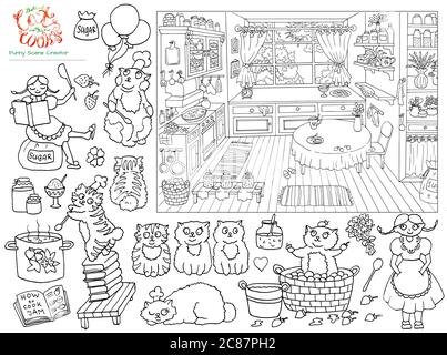 Collezione con illustrazione in bianco e nero disegnata a mano di vintage schizzo della cucina, bella ragazza e divertenti gatti bobtail aiutare marmellata di cuoco, divertente scena cr Foto Stock