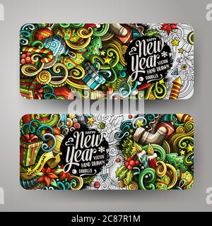 Cartoon doodles banner vacanze di Capodanno Illustrazione Vettoriale