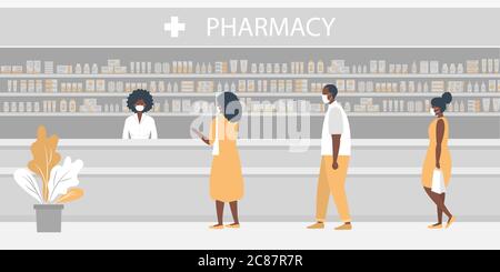 Farmacia durante l'epidemia di coronavirus. Persone nere in maschere mediche in farmacia. Il farmacista si trova vicino agli scaffali con medicinali Illustrazione Vettoriale