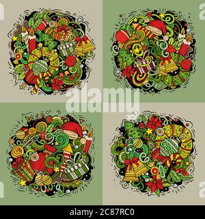 Set di composizione di 4 quadrati per cartone animato Happy New Year Illustrazione Vettoriale