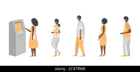 Le persone nere in maschere mediche si trovano in fila al bancomat. Coda durante l'epidemia di coronovirus. Uomini e donne mantengono la distanza per rimanere al sicuro. Vettore Illustrazione Vettoriale