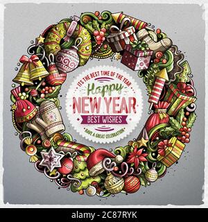 Cartoon vettoriale doodles New Year round frame design Illustrazione Vettoriale