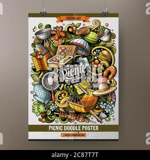 Picnic illustrazione di doodles disegnati a mano. BBQ cartone animato doodle sfondo. Illustrazione Vettoriale