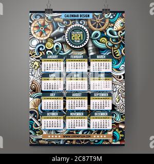 Cartoon colorful Doodles disegnati a mano modello di calendario Nautico 2021 anni. Illustrazione Vettoriale