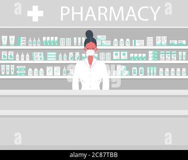 Farmacia durante l'epidemia di coronovirus. Farmacista in una maschera medica si trova vicino agli scaffali con farmaci. Illustrazione vettoriale in stile piatto Illustrazione Vettoriale