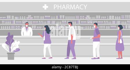 Farmacia durante l'epidemia di coronavirus. Persone in maschere mediche in farmacia. Il farmacista si trova vicino agli scaffali con medicinali Illustrazione Vettoriale