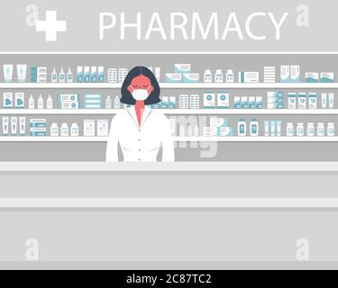 Farmacia durante l'epidemia di coronovirus. Farmacista in una maschera medica si trova vicino agli scaffali con farmaci. Illustrazione vettoriale in stile piatto Illustrazione Vettoriale