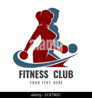 Logo o emblema del Fitness Club. Silhouette uomo e donna con manubri. Illustrazione vettoriale. Illustrazione Vettoriale