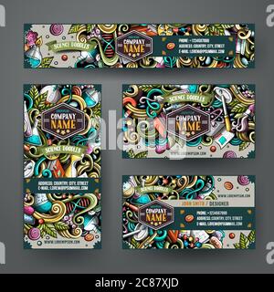 I modelli vettoriali di identità corporate impostano il design con il tema di scienza di doodles Illustrazione Vettoriale