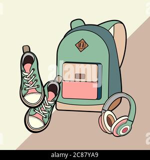 Zaino, sneakers e cuffie vettoriali set isolato. Logo di illustrazione delle scarpe da zaino hipster moda giovanile poster Illustrazione Vettoriale