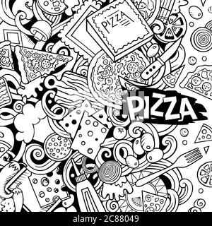 Cartoon vettore doodles Pizza cornice. Contorno disegno pizzeria bordo divertente Illustrazione Vettoriale