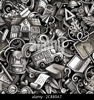 Cartoon carino doodles mano disegnata Scuola modello senza giunture Illustrazione Vettoriale