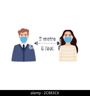 Icona di allontanamento sociale. Ritratti di persone piatte ragazza e uomo che indossano maschera chirurgica per il viso mantenere la distanza 2 metri 6 piedi. Concetto di protezione della salute. Epidaemi Illustrazione Vettoriale