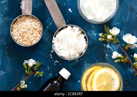 Cosmetici fatti in casa ingredienti per la pelle, il corpo. Vista dall'alto. Foto Stock