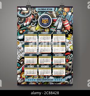 Cartoon colorful Doodles disegnati a mano Sport 2021 anno modello di calendario. Illustrazione Vettoriale