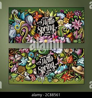 Cartoon carino vettore colorato doodles disegnati a mano banner stagione primaverile Illustrazione Vettoriale
