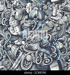 Fumetti doodles stagione invernale modello senza cuciture Illustrazione Vettoriale