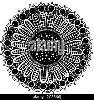 Doodle mandala floreale. Disegno realistico in bianco e nero. Pagina da colorare antistress per adulti. Illustrazione vettoriale. Illustrazione Vettoriale