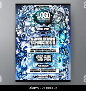 Poster doodles sport invernali. Modello cartello stazione sciistica. Illustrazione Vettoriale