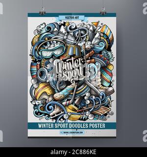 Poster doodles sport invernali. Modello cartello stazione sciistica. Illustrazione Vettoriale