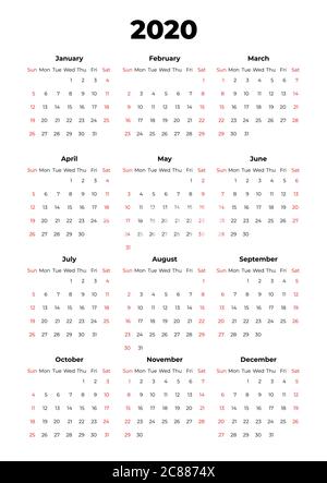 2020 modello vettore calendario. Astratto vuoto isolato insieme 2020 calendario. Schermo, desktop mesi 2020 in bianco e nero Illustrazione Vettoriale