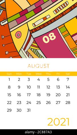 2021 agosto calendario astratto vettore d'arte contemporanea. Scrivania, schermo, desktop mese 08, 2021, colorato calendario 2021 Illustrazione Vettoriale