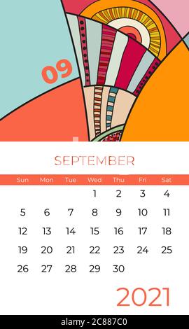 2021 settembre calendario astratto vettore d'arte contemporanea. Scrivania, schermo, desktop mese 09, 2021, colorato calendario 2021 Illustrazione Vettoriale