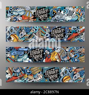 Cartoon carino vettore colorato doodles disegnati a mano Banners sport invernali Illustrazione Vettoriale