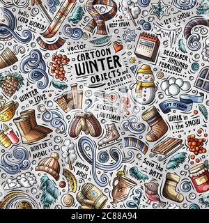 Cartoon carino doodles disegnati a mano Inverno illustrazione con un sacco di oggetti Illustrazione Vettoriale