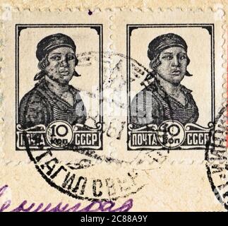 Francobollo su busta N. Tagil - Leninurad. Operatrice, URSS, 1956 Foto Stock