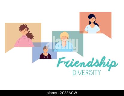 Donne e uomini cartoni animati in bolle disegno, culturale e amicizia diversità tema illustrazione vettoriale Illustrazione Vettoriale