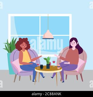 ristorante di divaricamento sociale o un caffè, donne che parlano con vino di vetro tenere la distanza, covid 19 coronavirus, nuova illustrazione vettore di vita normale Illustrazione Vettoriale