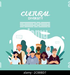 Donne e uomini cartoni animati con foglie disegno, culturale e amicizia diversità tema illustrazione vettoriale Illustrazione Vettoriale