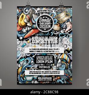 Poster doodles sport invernali. Modello cartello stazione sciistica. Illustrazione Vettoriale