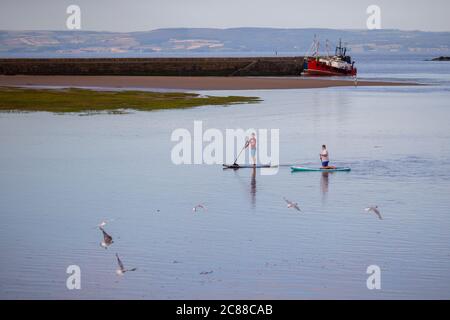 Barry, Galles, Regno Unito. 22 luglio 2020. Al mattino presto, gli amanti del paddle-boarder nel porto di Barry Island, con l'Inghilterra e le colline del Somersetshire visibili oltre, come il Regno Unito gode di un incantesimo di bel tempo estivo. Credit: Mark Hawkins/Alamy Live News Foto Stock