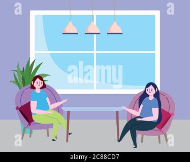 ristorante di divaricamento sociale o un caffè, donne che parlano seduto su sedie, covid 19 coronavirus, nuova illustrazione vettoriale di vita normale Illustrazione Vettoriale