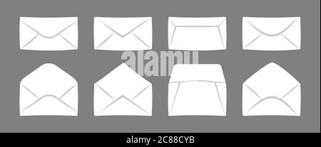 Set di buste mockup. Coperchio della carta aperto e chiuso. Buste per cartoni animati cartoni per lettere. Newsletter, consegna di corrispondenza o documenti di ufficio. Illustrazione vettoriale isolata Illustrazione Vettoriale